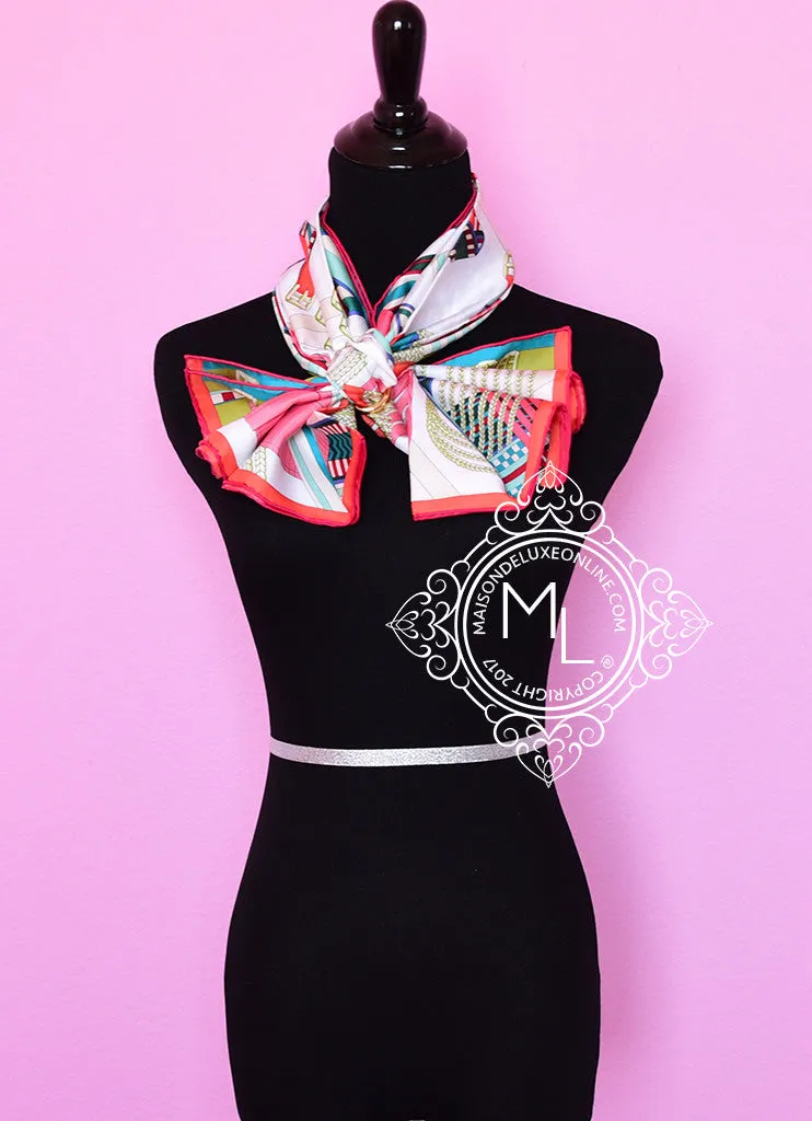 Hermes White Pink Twill Silk 90 cm Sangles en Zigzag Scarf