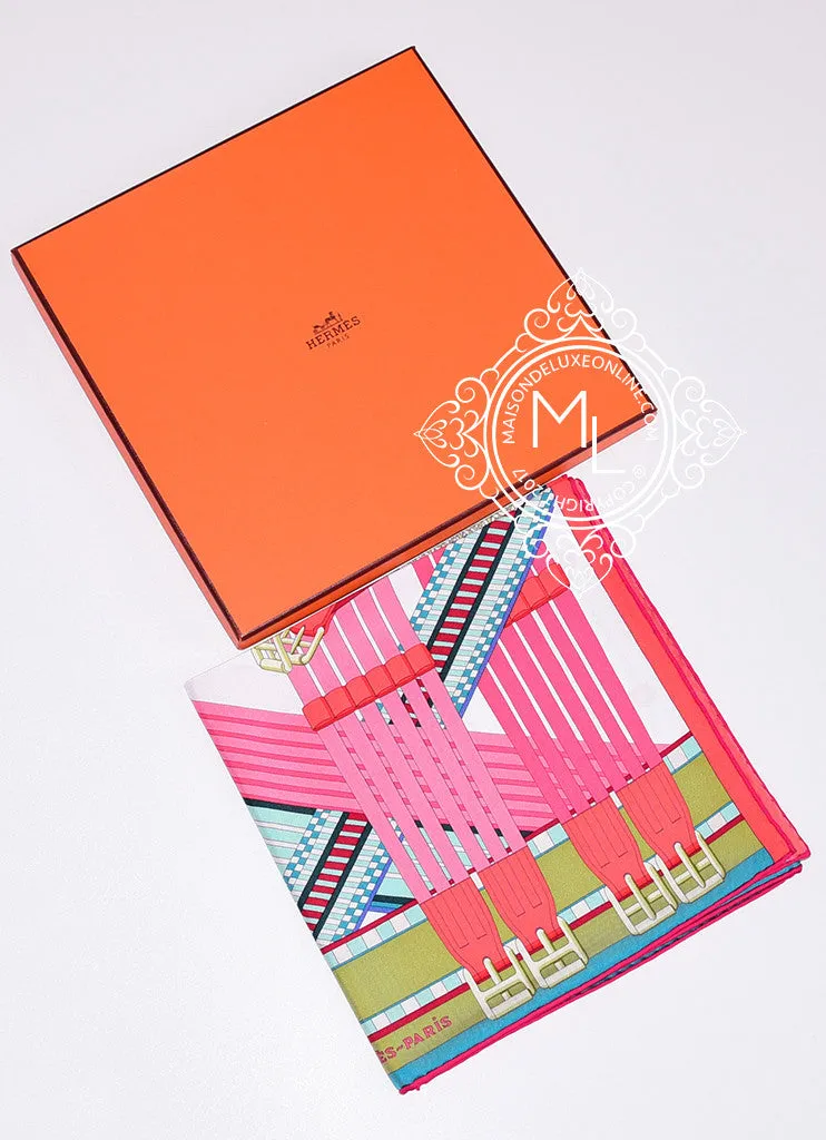 Hermes White Pink Twill Silk 90 cm Sangles en Zigzag Scarf