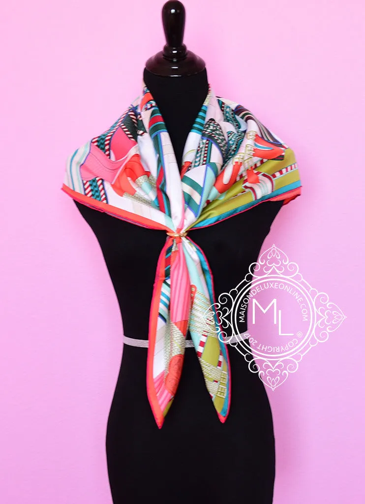 Hermes White Pink Twill Silk 90 cm Sangles en Zigzag Scarf