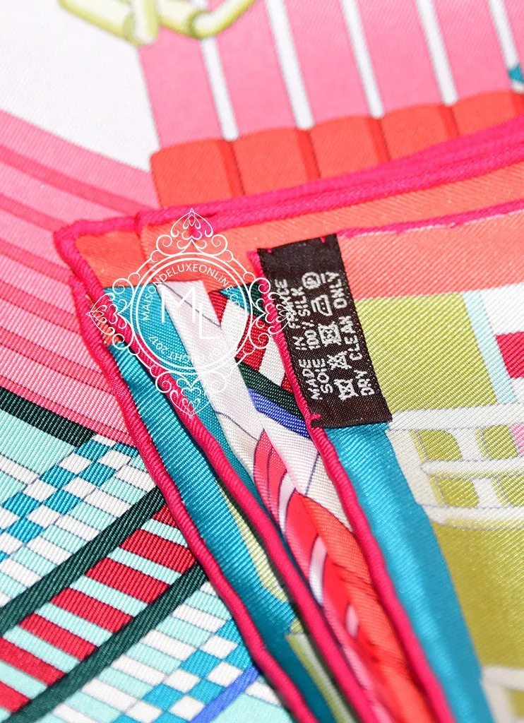 Hermes White Pink Twill Silk 90 cm Sangles en Zigzag Scarf