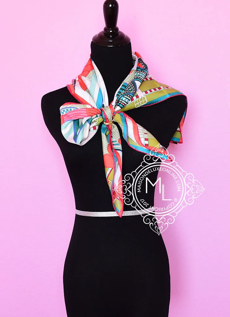 Hermes White Pink Twill Silk 90 cm Sangles en Zigzag Scarf