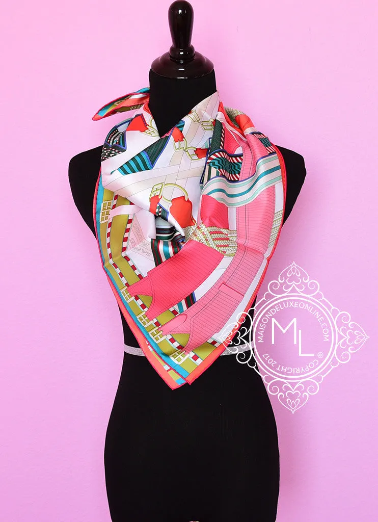 Hermes White Pink Twill Silk 90 cm Sangles en Zigzag Scarf
