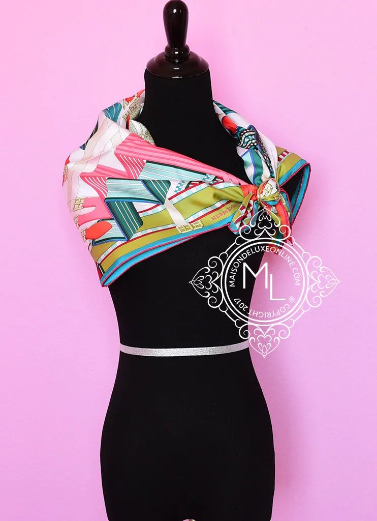 Hermes White Pink Twill Silk 90 cm Sangles en Zigzag Scarf
