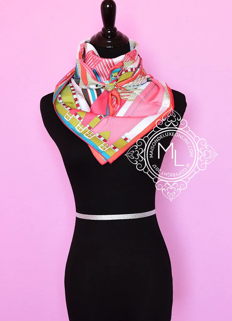 Hermes White Pink Twill Silk 90 cm Sangles en Zigzag Scarf