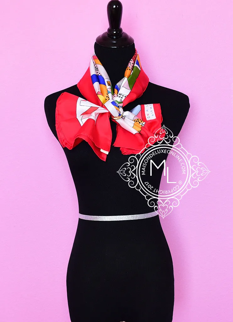 Hermes White Red Twill Silk 90 cm On a Summer Day Scarf