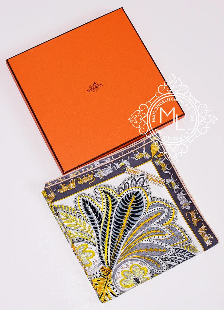 Hermes Yellow Gray Twill Silk 90 cm Le Jardin de la Maharani Scarf
