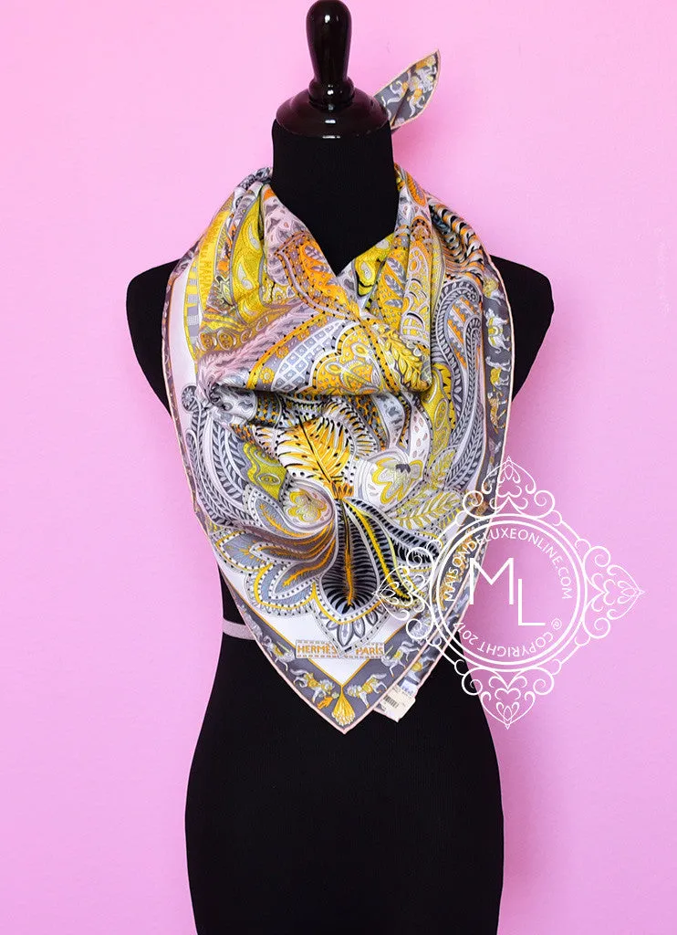 Hermes Yellow Gray Twill Silk 90 cm Le Jardin de la Maharani Scarf