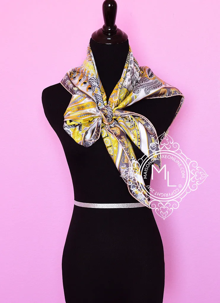 Hermes Yellow Gray Twill Silk 90 cm Le Jardin de la Maharani Scarf