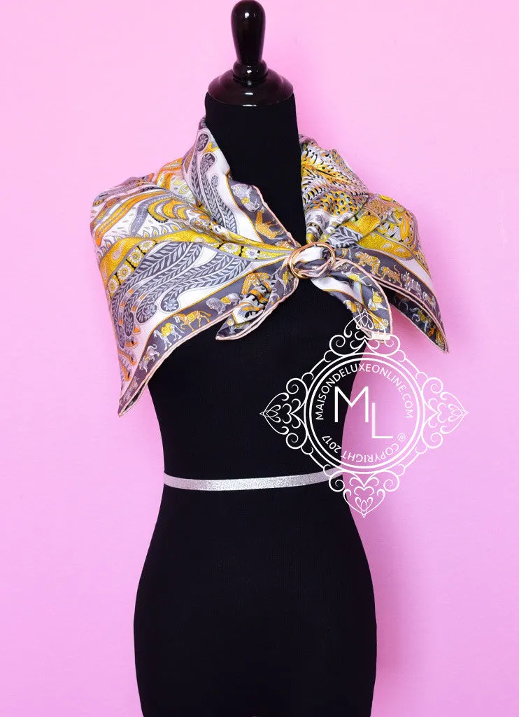 Hermes Yellow Gray Twill Silk 90 cm Le Jardin de la Maharani Scarf