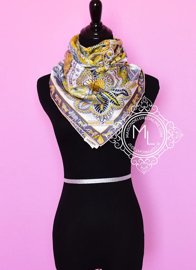 Hermes Yellow Gray Twill Silk 90 cm Le Jardin de la Maharani Scarf