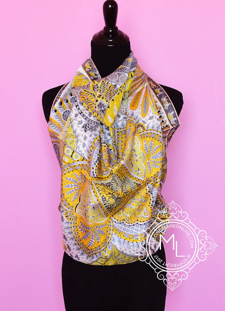 Hermes Yellow Gray Twill Silk 90 cm Le Jardin de la Maharani Scarf