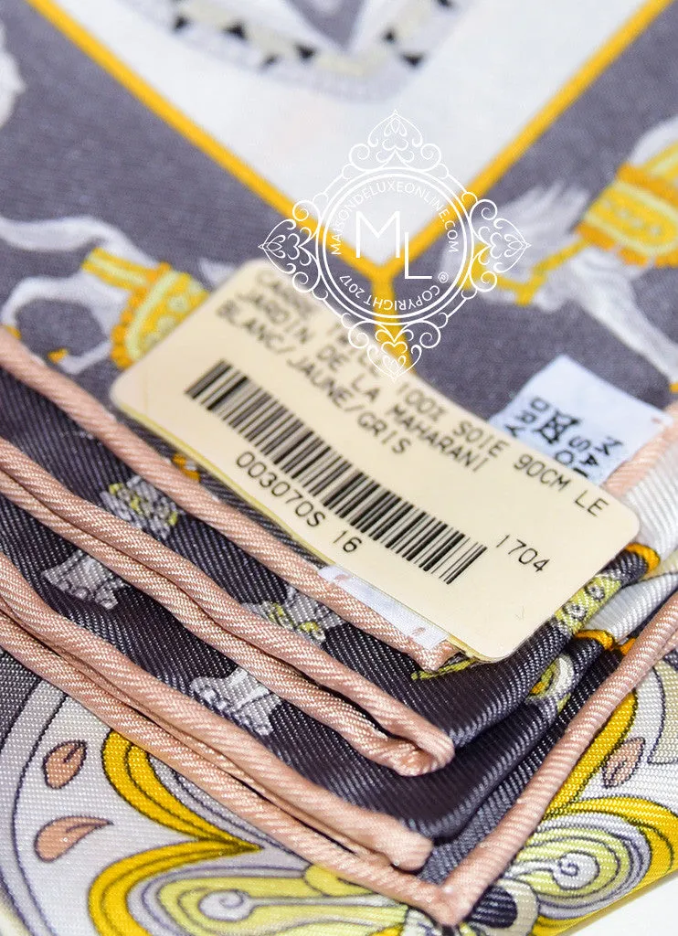 Hermes Yellow Gray Twill Silk 90 cm Le Jardin de la Maharani Scarf