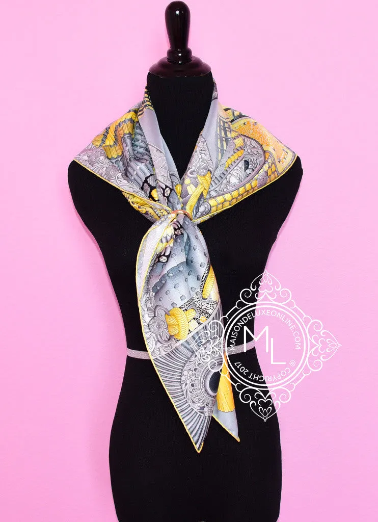 Hermes Yellow Grey Twill Silk 90 cm Parures De Samourais Scarf