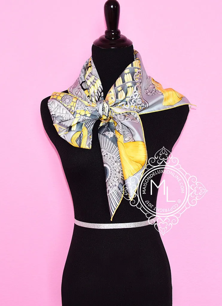 Hermes Yellow Grey Twill Silk 90 cm Parures De Samourais Scarf