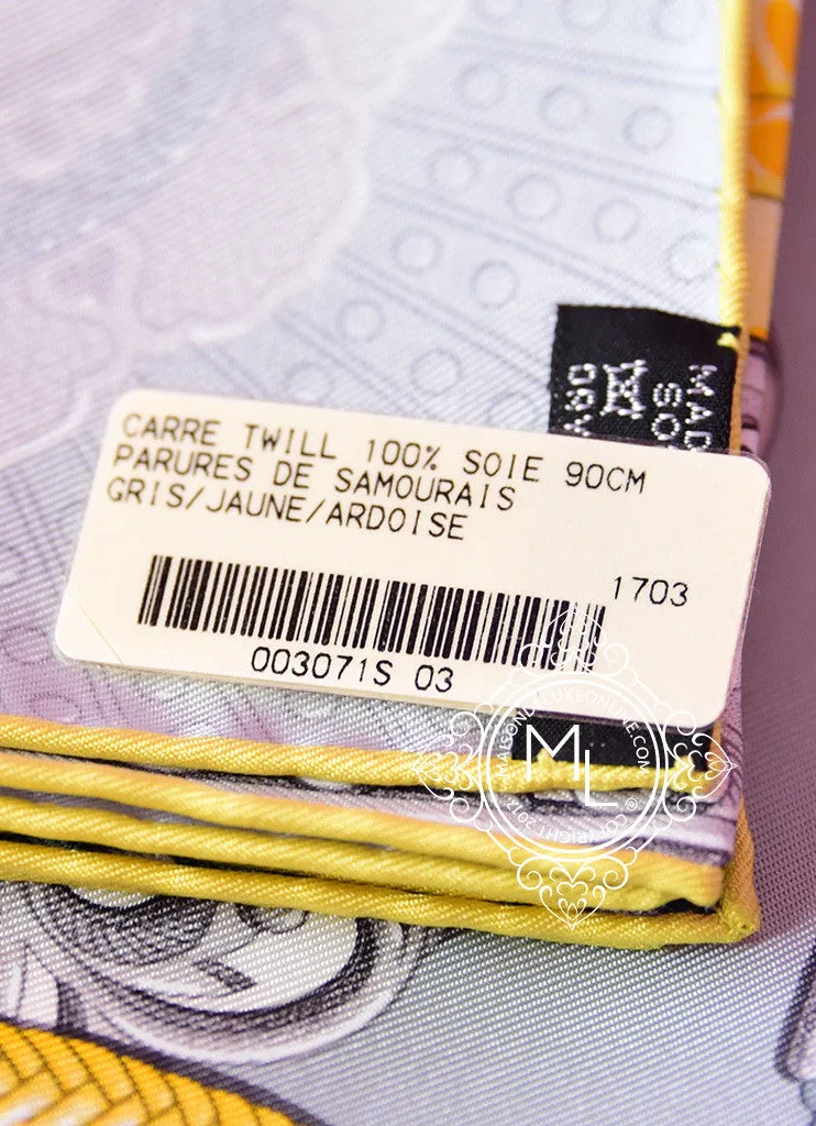Hermes Yellow Grey Twill Silk 90 cm Parures De Samourais Scarf