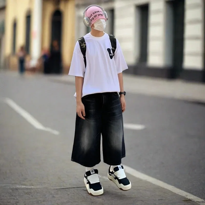 Herren weite Jeansshorts im Harajuku Retro-Stil