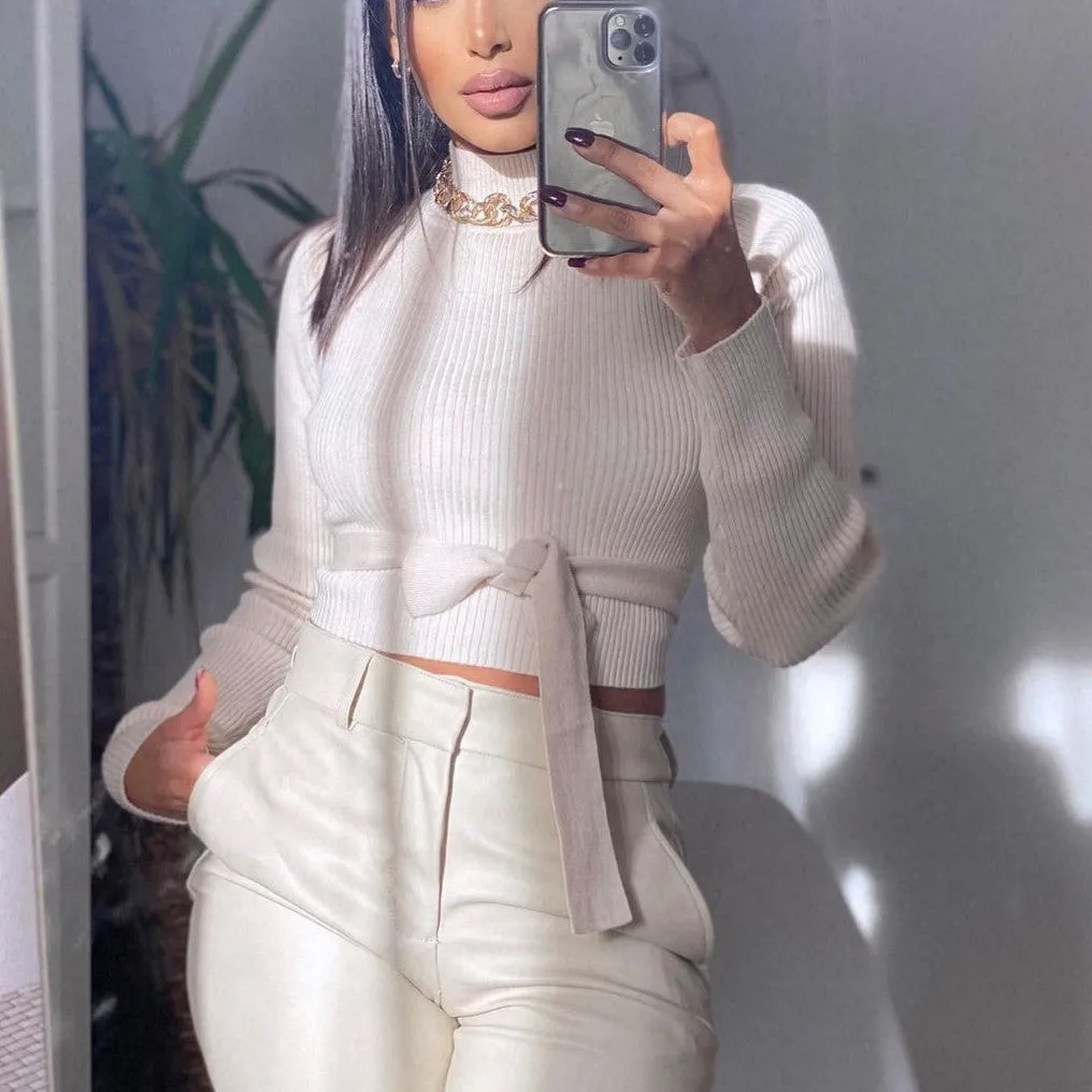 High Collar Bow Knot Backless Knit Sweaters White