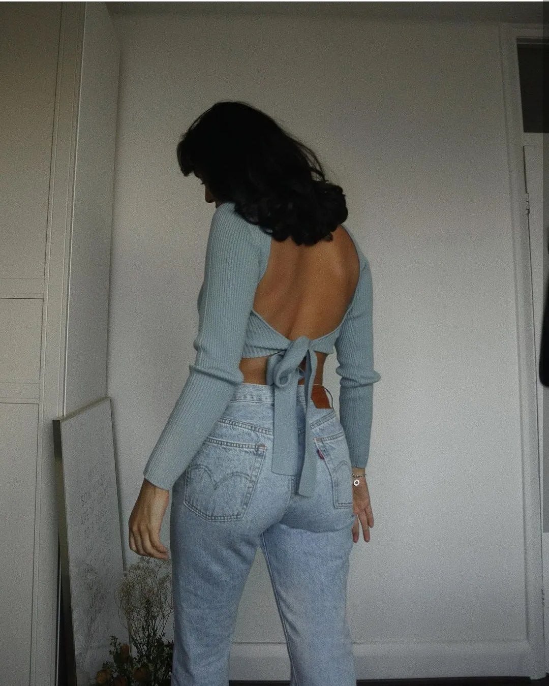 High Collar Bow Knot Backless Knit Sweaters White