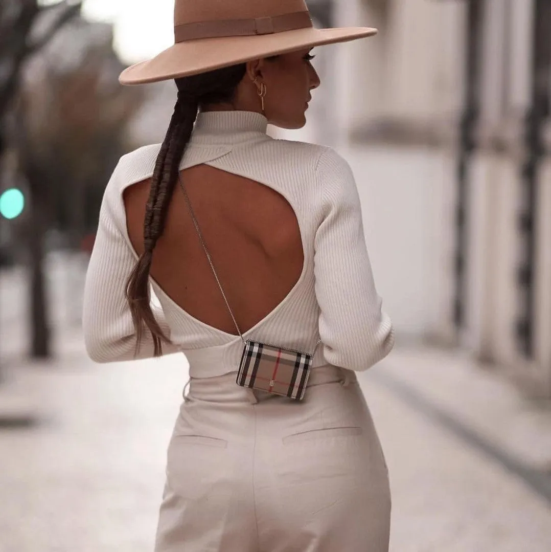 High Collar Bow Knot Backless Knit Sweaters White