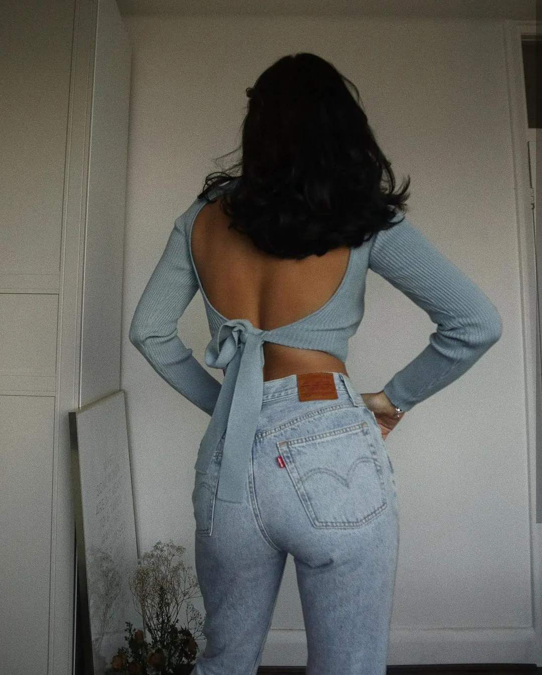 High Collar Bow Knot Backless Knit Sweaters White