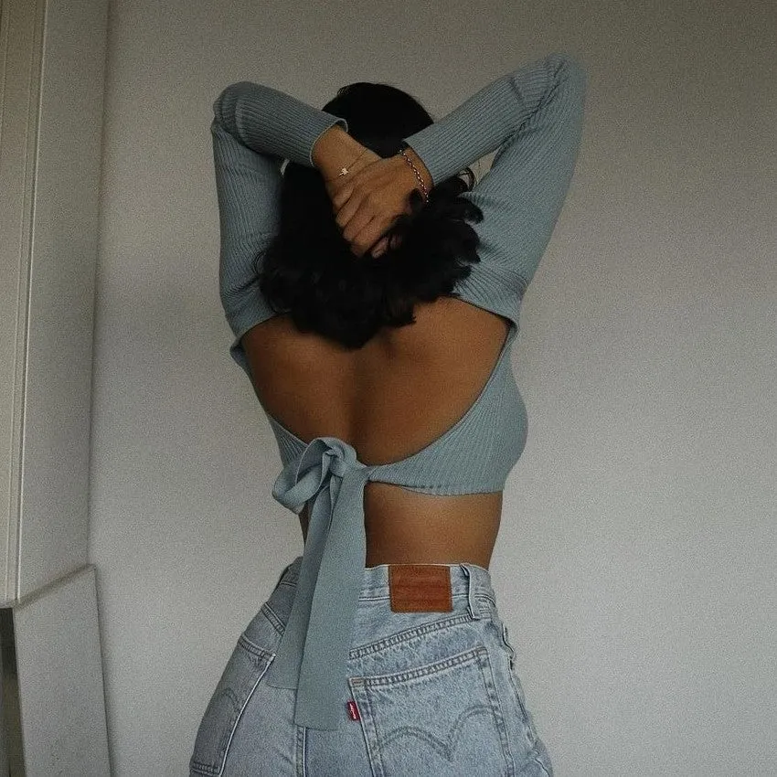 High Collar Bow Knot Backless Knit Sweaters White