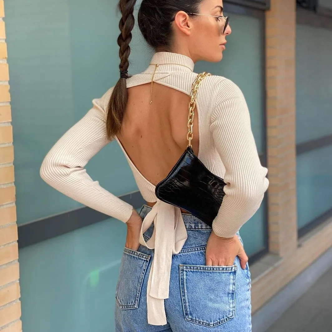 High Collar Bow Knot Backless Knit Sweaters White