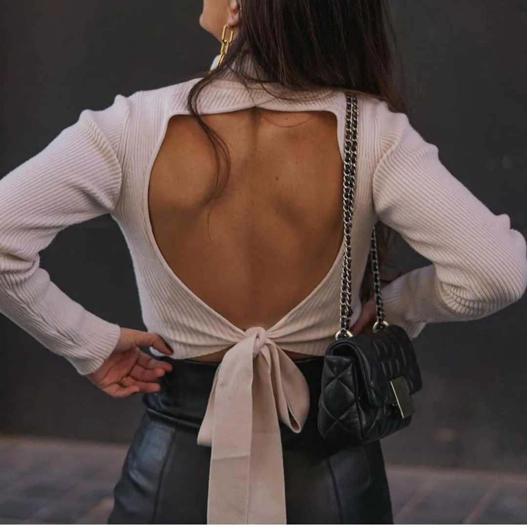 High Collar Bow Knot Backless Knit Sweaters White