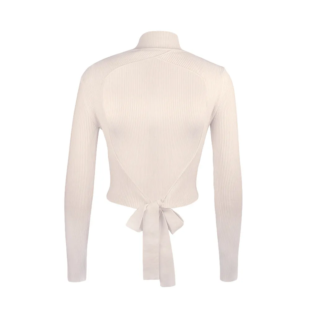 High Collar Bow Knot Backless Knit Sweaters White