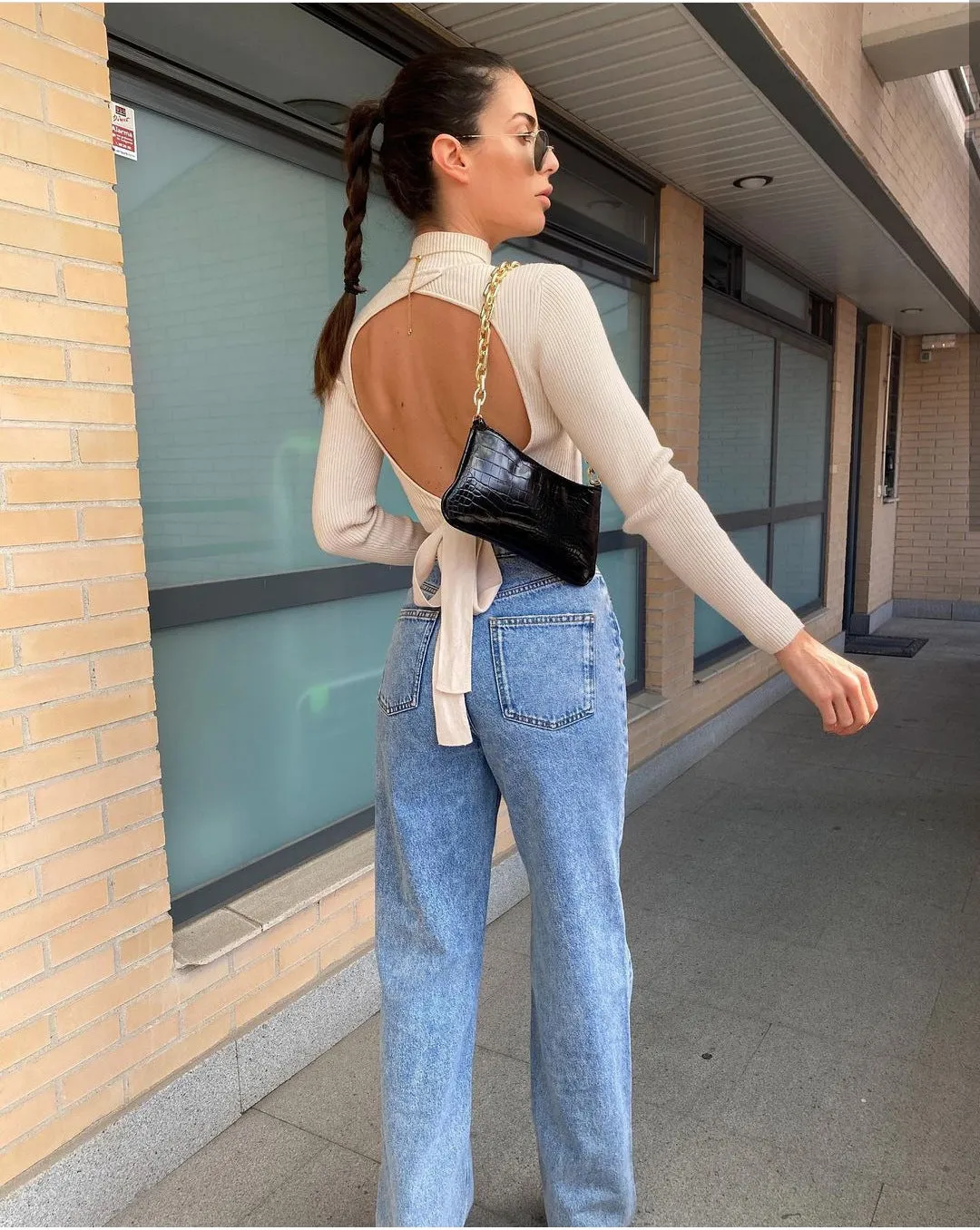 High Collar Bow Knot Backless Knit Sweaters White
