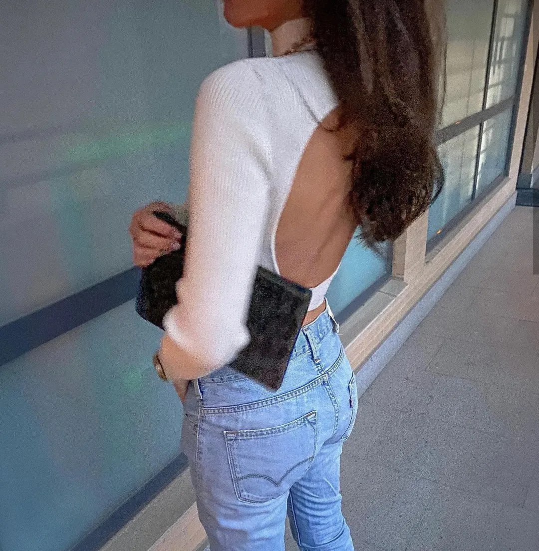 High Collar Bow Knot Backless Knit Sweaters White