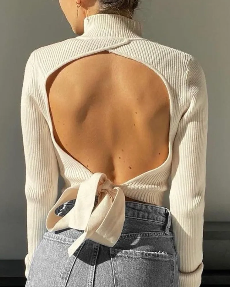 High Collar Bow Knot Backless Knit Sweaters White