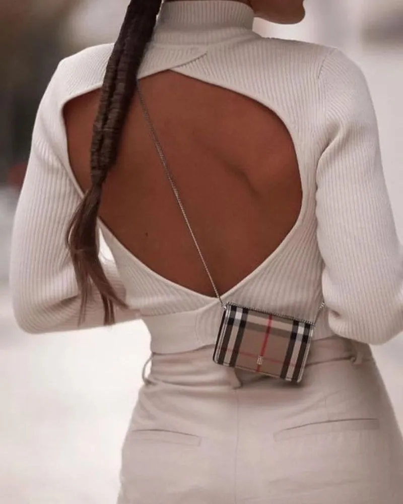 High Collar Bow Knot Backless Knit Sweaters White