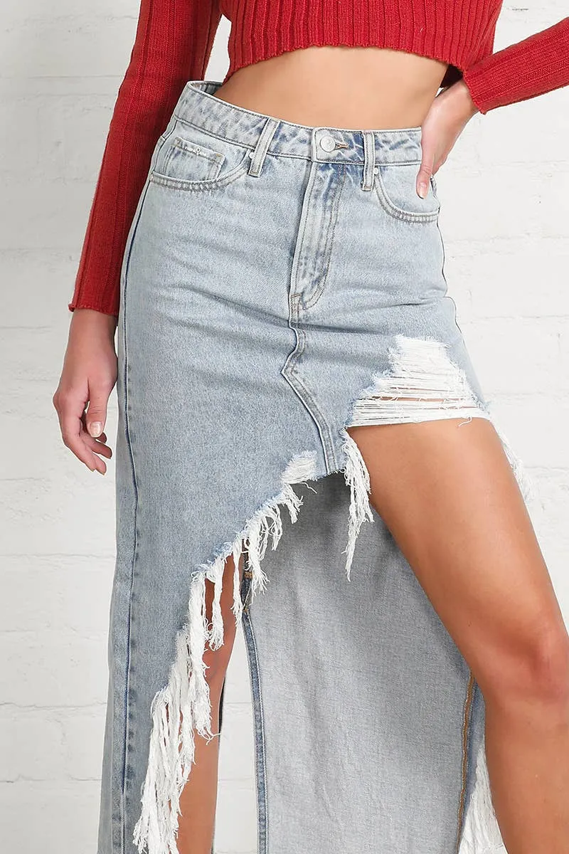 High Rise Distressed Denim Maxi Skirt