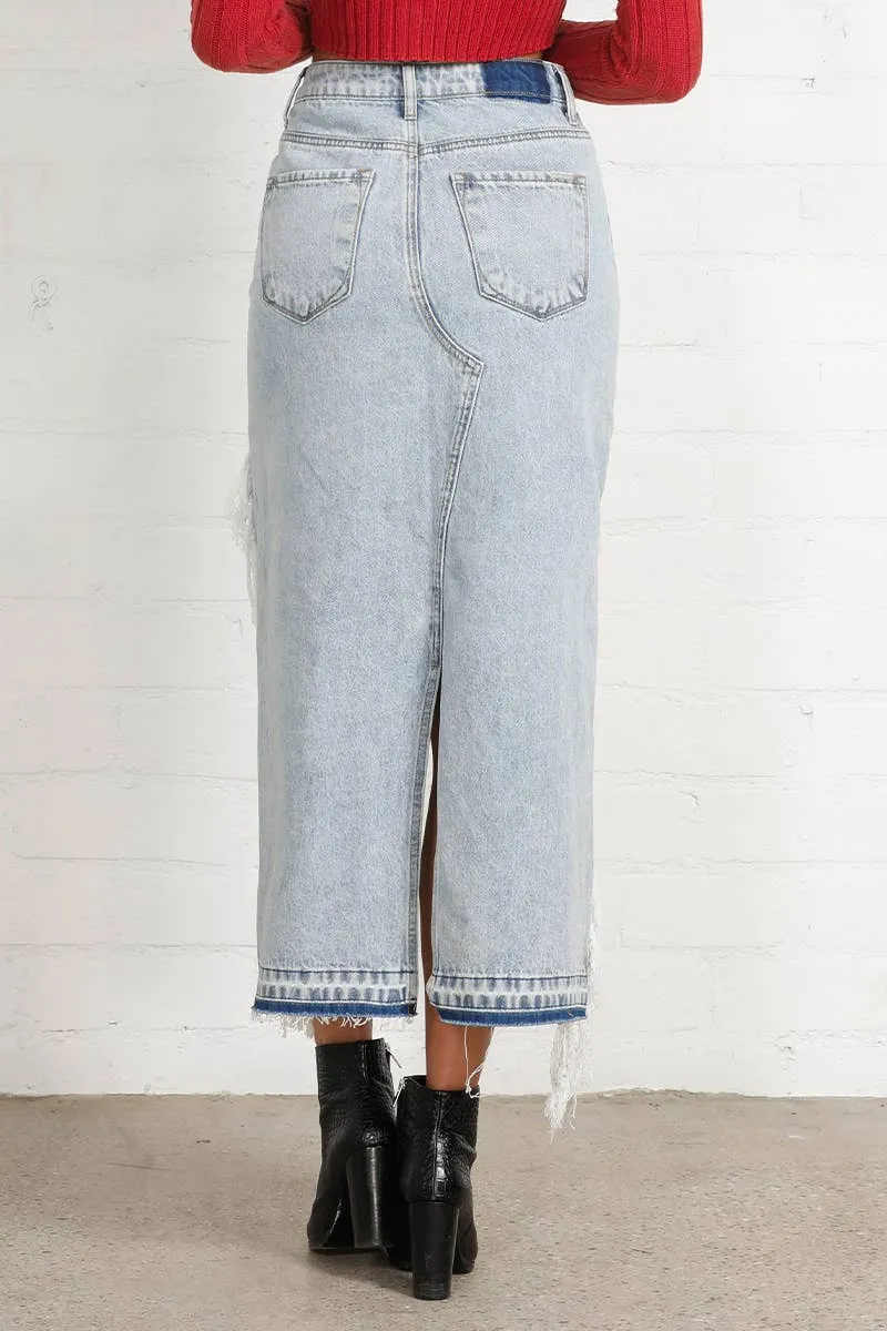High Rise Distressed Denim Maxi Skirt