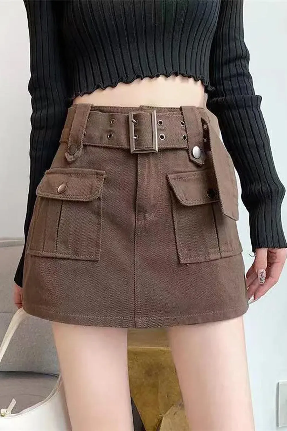 High Waist Cargo Pockets Mini Skirts