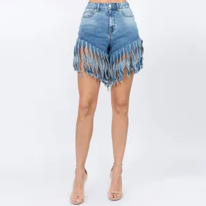 HIGH WAIST DENIM FRINGE SHORTS
