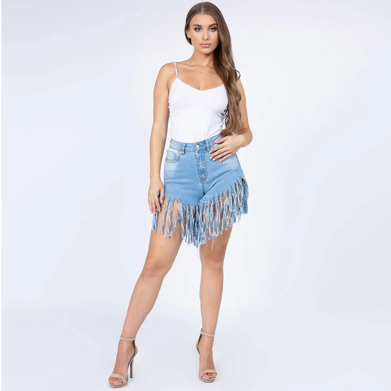 HIGH WAIST DENIM FRINGE SHORTS