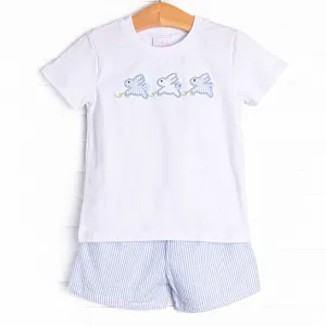 Hippity Hoppity Applique Short Set, Blue Seersucker