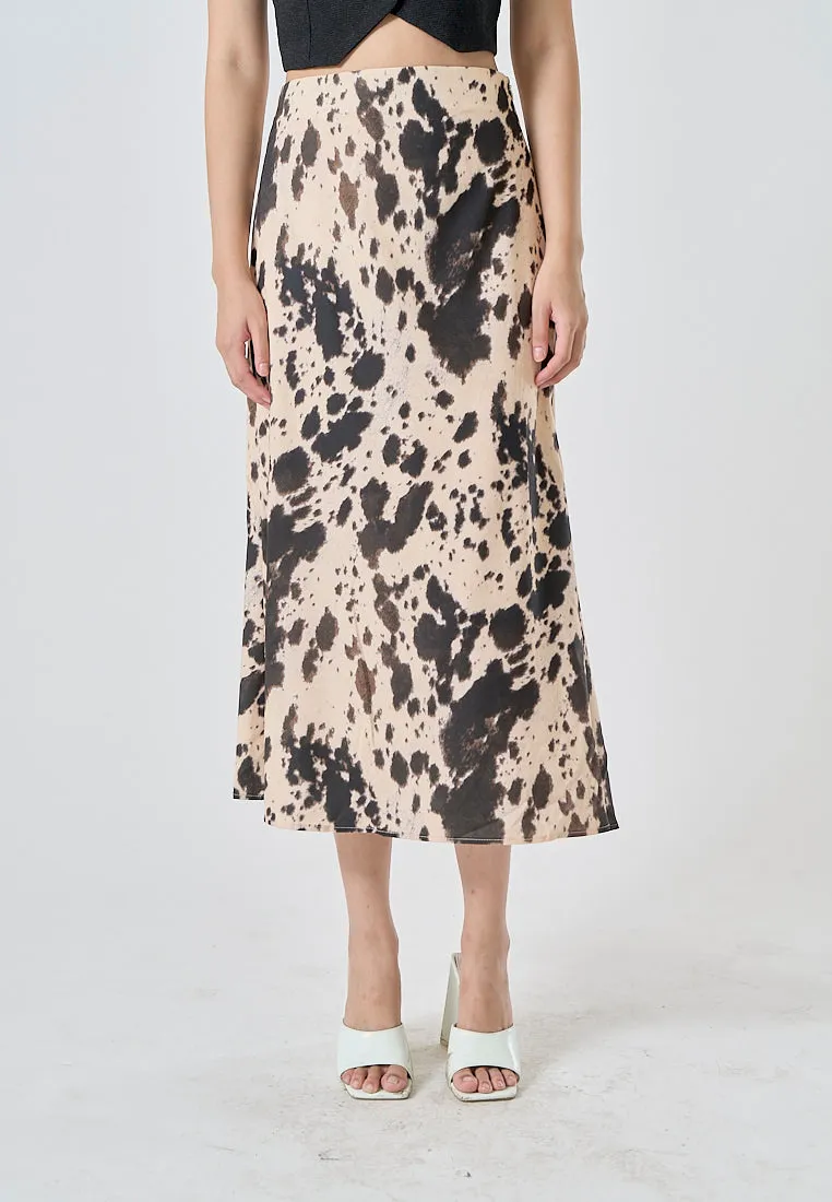 Hyena Black Beige Abstract Print Zipper Fly A-Line Midi Skirt