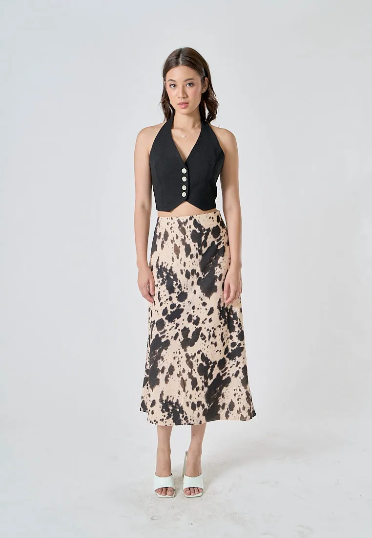 Hyena Black Beige Abstract Print Zipper Fly A-Line Midi Skirt