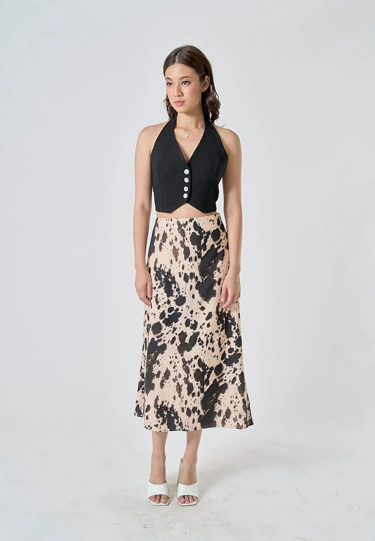 Hyena Black Beige Abstract Print Zipper Fly A-Line Midi Skirt
