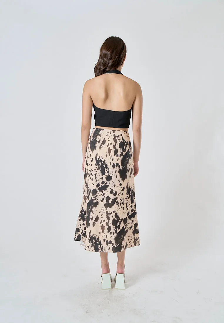 Hyena Black Beige Abstract Print Zipper Fly A-Line Midi Skirt