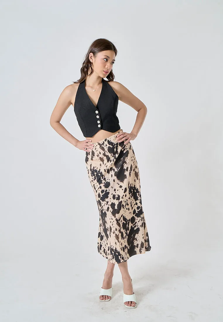 Hyena Black Beige Abstract Print Zipper Fly A-Line Midi Skirt