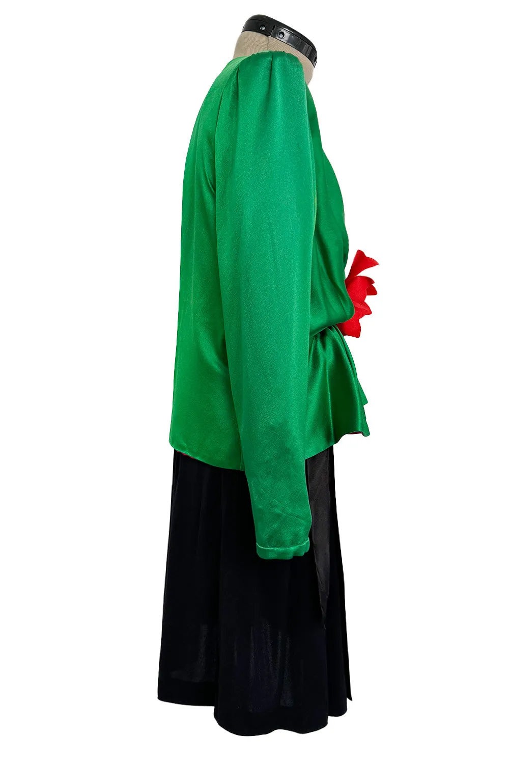 Incredible Spring 1990 Yves Saint Laurent Runway Brilliant Green Jacket w Pink Lining & Black Skirt Set