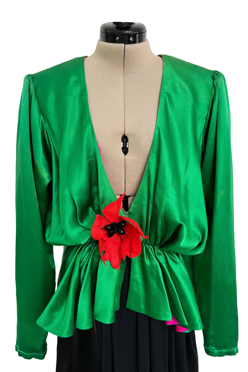 Incredible Spring 1990 Yves Saint Laurent Runway Brilliant Green Jacket w Pink Lining & Black Skirt Set