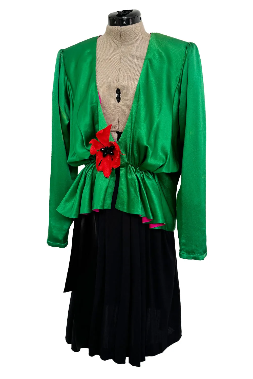 Incredible Spring 1990 Yves Saint Laurent Runway Brilliant Green Jacket w Pink Lining & Black Skirt Set