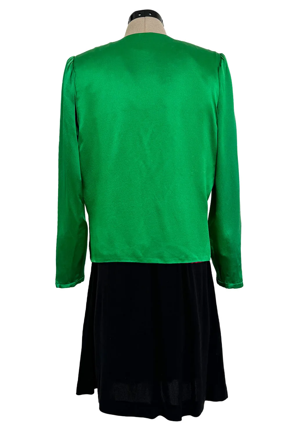 Incredible Spring 1990 Yves Saint Laurent Runway Brilliant Green Jacket w Pink Lining & Black Skirt Set