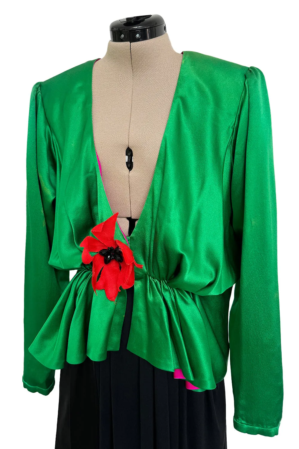 Incredible Spring 1990 Yves Saint Laurent Runway Brilliant Green Jacket w Pink Lining & Black Skirt Set