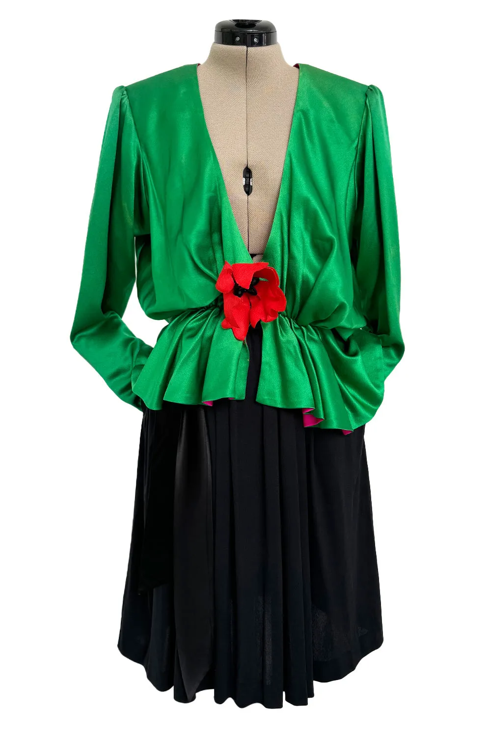 Incredible Spring 1990 Yves Saint Laurent Runway Brilliant Green Jacket w Pink Lining & Black Skirt Set