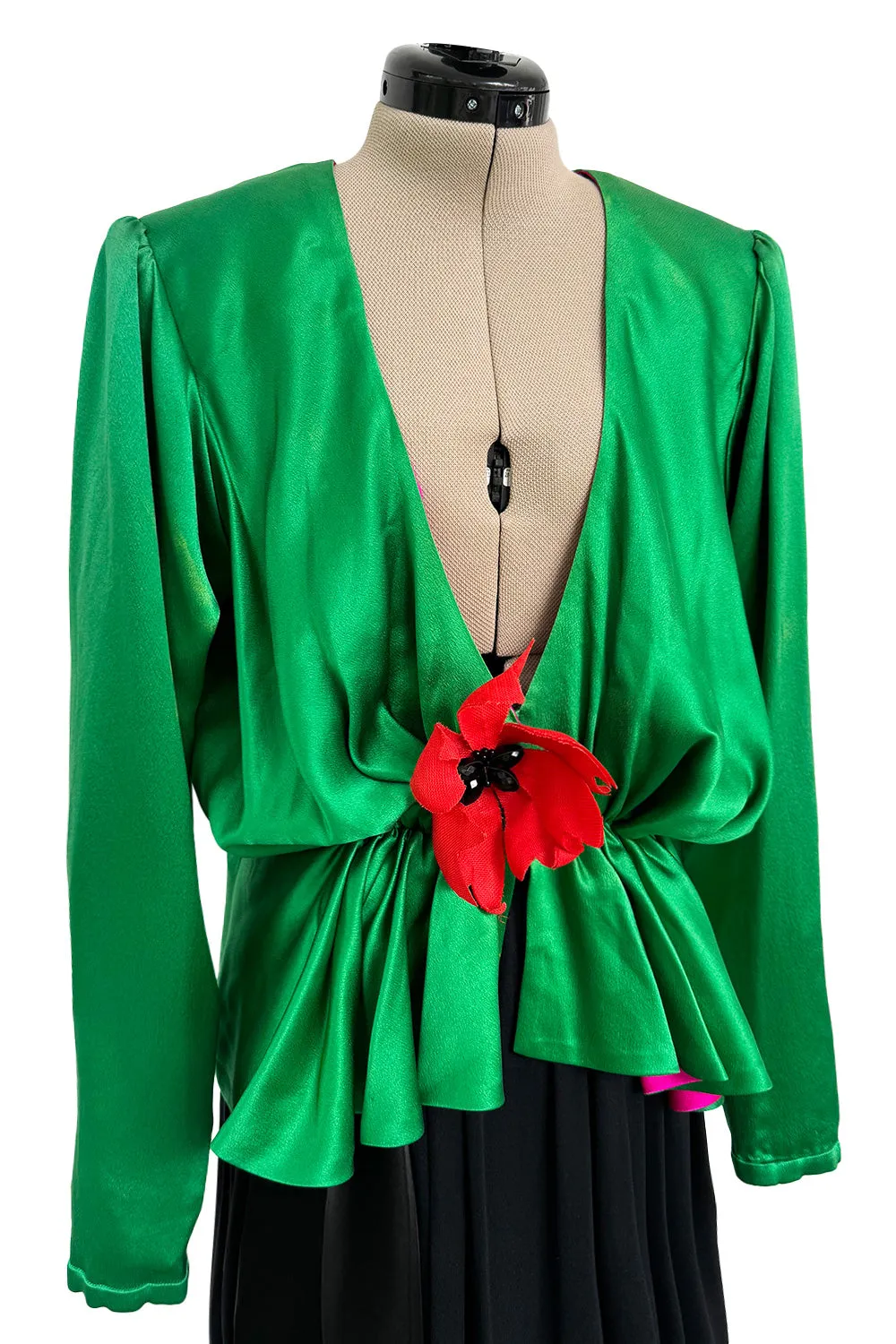 Incredible Spring 1990 Yves Saint Laurent Runway Brilliant Green Jacket w Pink Lining & Black Skirt Set